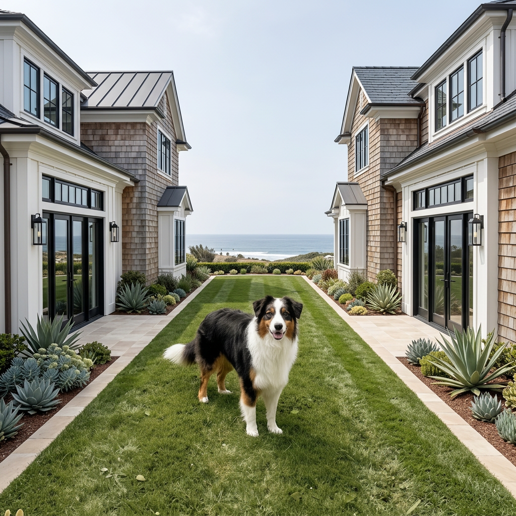 Manicured backyard overlooking the Pacific with a happy Australian Shepherd